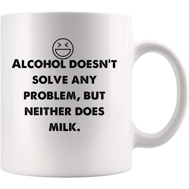 Tailorly White Ceramic 11 oz Mug - Alcohol Doesn't Solve Any Problem But Neither Does Milk Simple Laughing Emoji Face With Closed Eyes And Wide Open Smile Mug