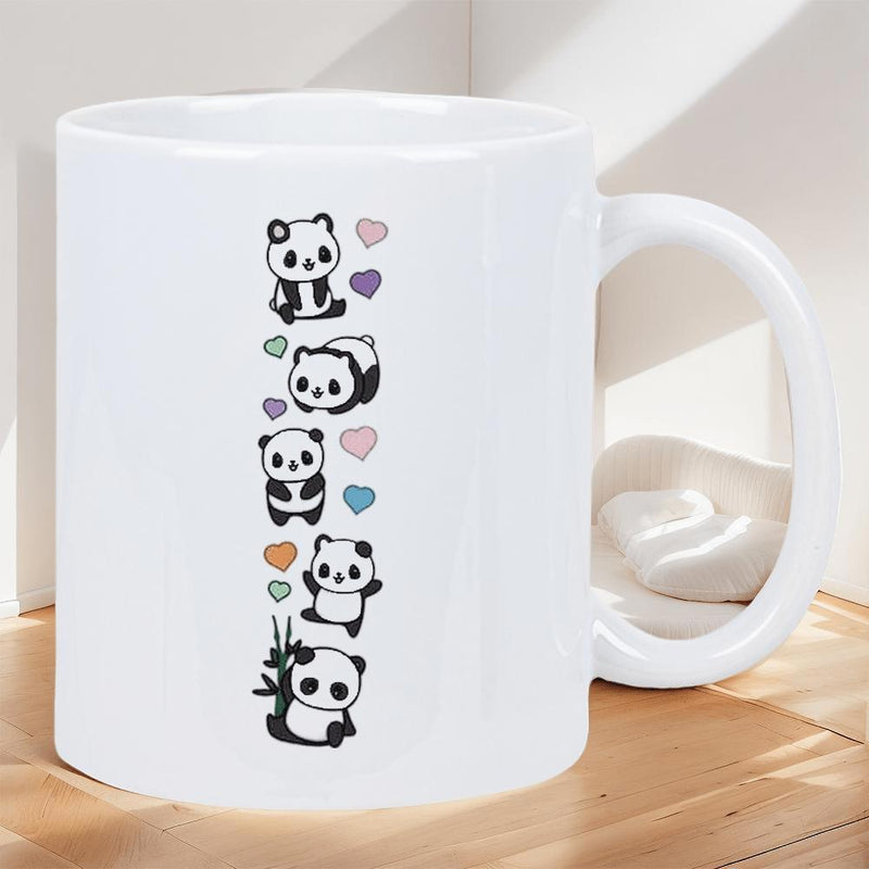 Tailorly White Ceramic 11 oz Mug - Adorable Cartoon Characters Posing With Colorful Hearts And Small Bamboo Branch Panda