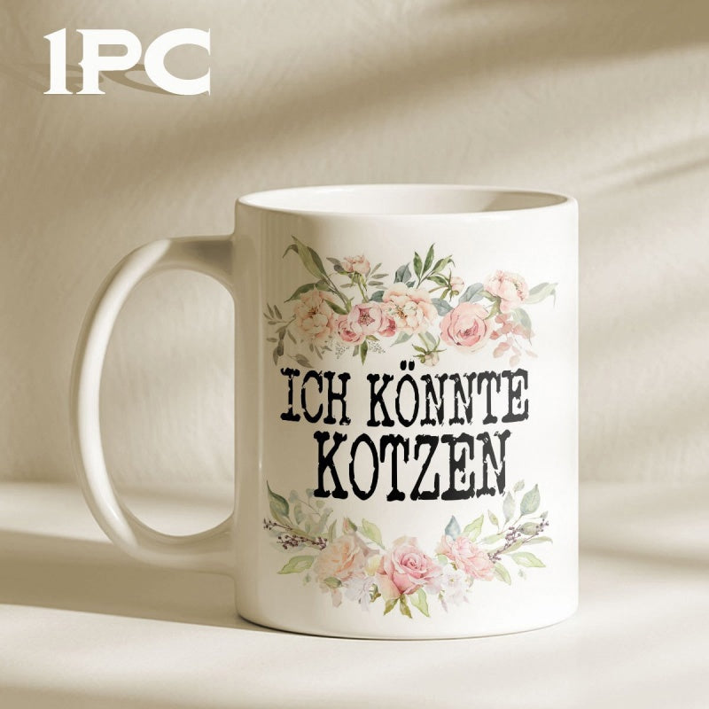 Tailorly White Ceramic 11 oz Mug - Delicate Pink Watercolor Blossoms With Lush Green Leaves Arranged In Garland Flower