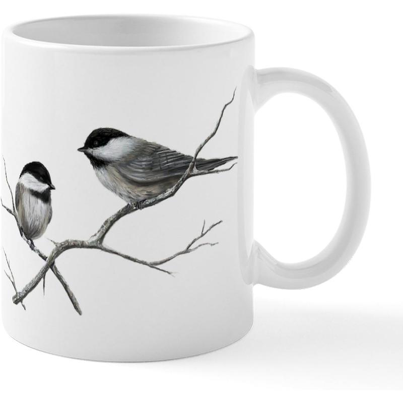 Tailorly White Ceramic 11 oz Mug - Realistic Sketch Style Two Small Chickadees Perched On A Twig Branch Bird