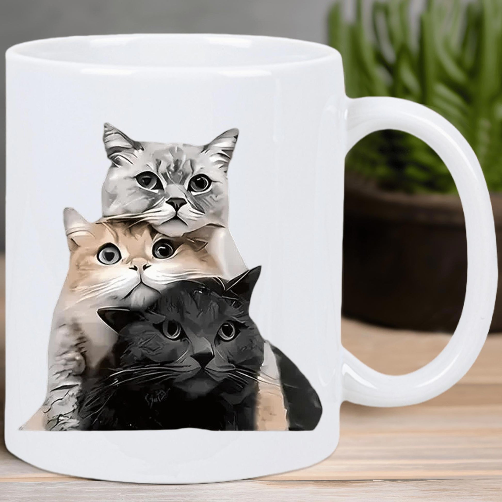 Tailorly White Ceramic 11 oz Mug - Adorable Three Stacked Fluffy Felines Resting Together Against Simple Background Cat