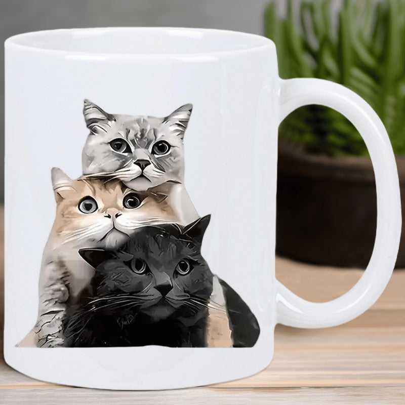 Tailorly White Ceramic 11 oz Mug - Adorable Three Stacked Fluffy Felines Resting Together Against Simple Background Cat