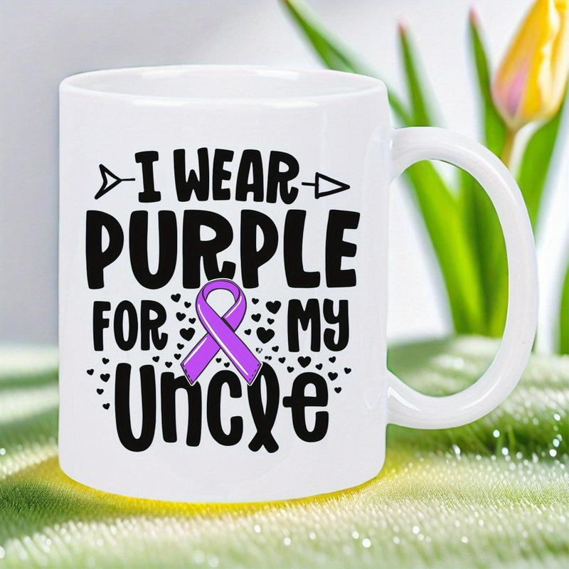 Tailorly White Ceramic 11 oz Mug - I Wear Purple For My Uncle Symbolic Awareness Ribbon Surrounded By Tiny Hearts And Playful Artistic Arrows Ribbon