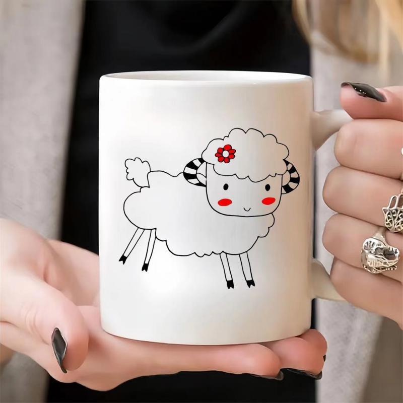 Tailorly White Ceramic 11 oz Mug - Adorable Cartoon Animal With Red Flower Under Curved Striped Horns Lamb