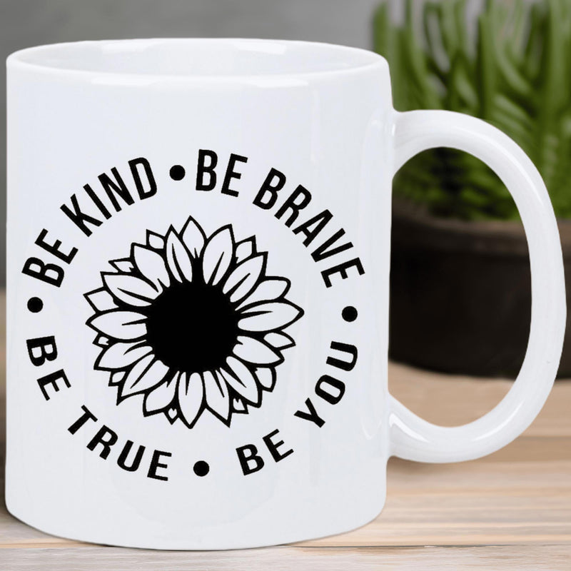 Tailorly White Ceramic 11 oz Mug - Be Kind Be Brave Be True Be You Minimalist Black Line Art Floral Petals Arranged In A Circular Motif Sunflower
