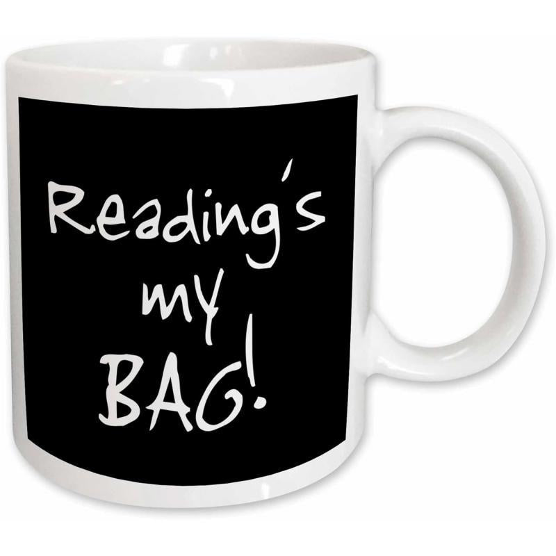 Tailorly White Ceramic 11 oz Mug - Readings My Bag Solid Black Rectangular Background Featuring Artistic White Hand Written Scripted Typography