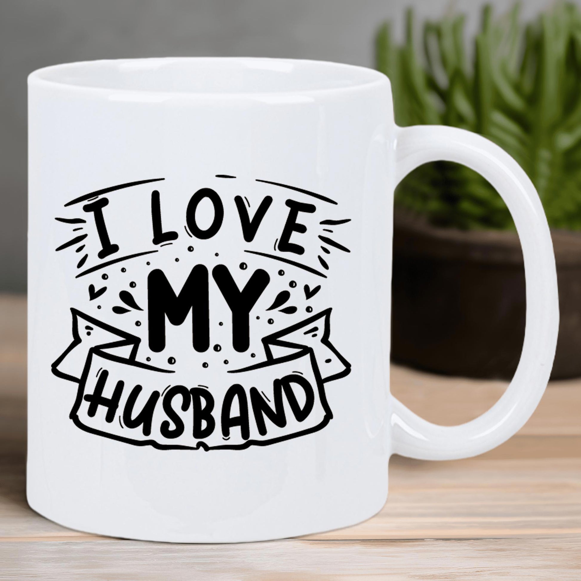 Tailorly White Ceramic 11 oz Mug - I Love My Husband Polished Featuring Artistic Black Ink Ribbon Details Mug