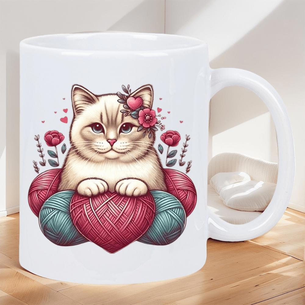 Tailorly White Ceramic 11 oz Mug - Adorable Fluffy Cream Kitten Resting Among Soft Colorful Heart Shaped Yarn Balls Cat
