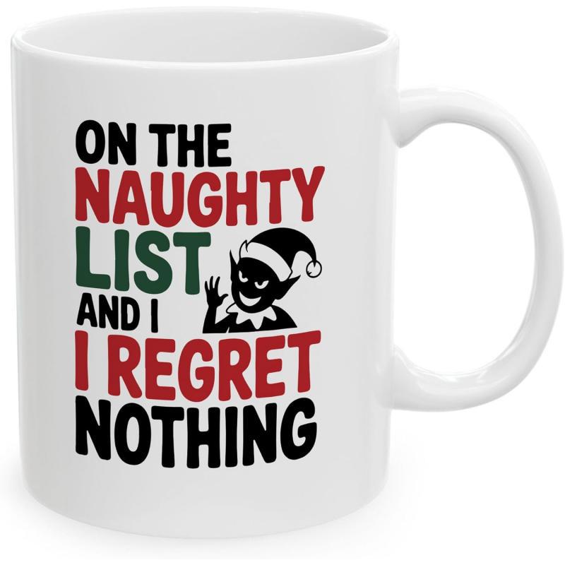 Tailorly White Ceramic 11 oz Mug - On The Naughty List And I Regret Nothing Mischievous Small Christmas Elf Silhouette Character Surrounded By Festive Holiday