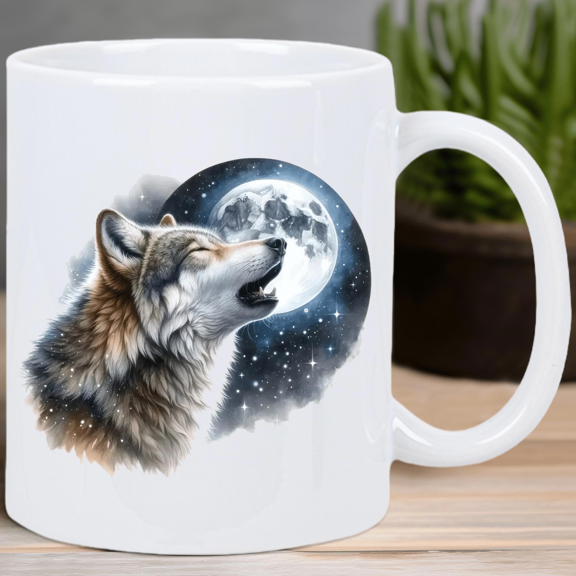 Tailorly White Ceramic 11 oz Mug - Majestic Wild Howling Under Glowing Full Moon In Starry Night Sky Wolf