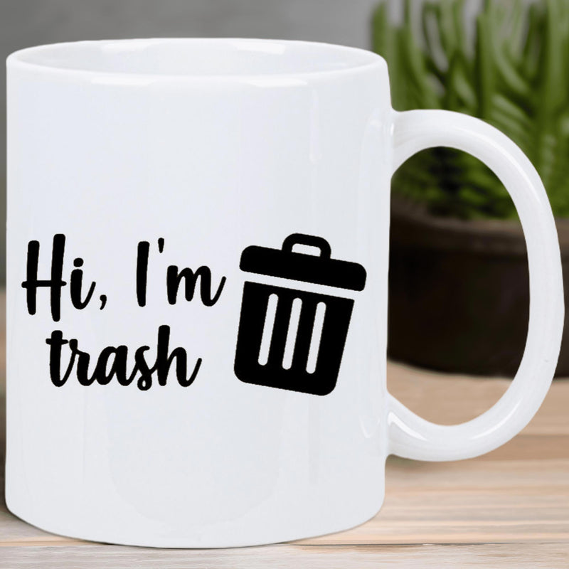 Tailorly White Ceramic 11 oz Mug - Hi I'm Trash Minimalist Black Silhouette Of A Small Rubbish Bin Container Mug