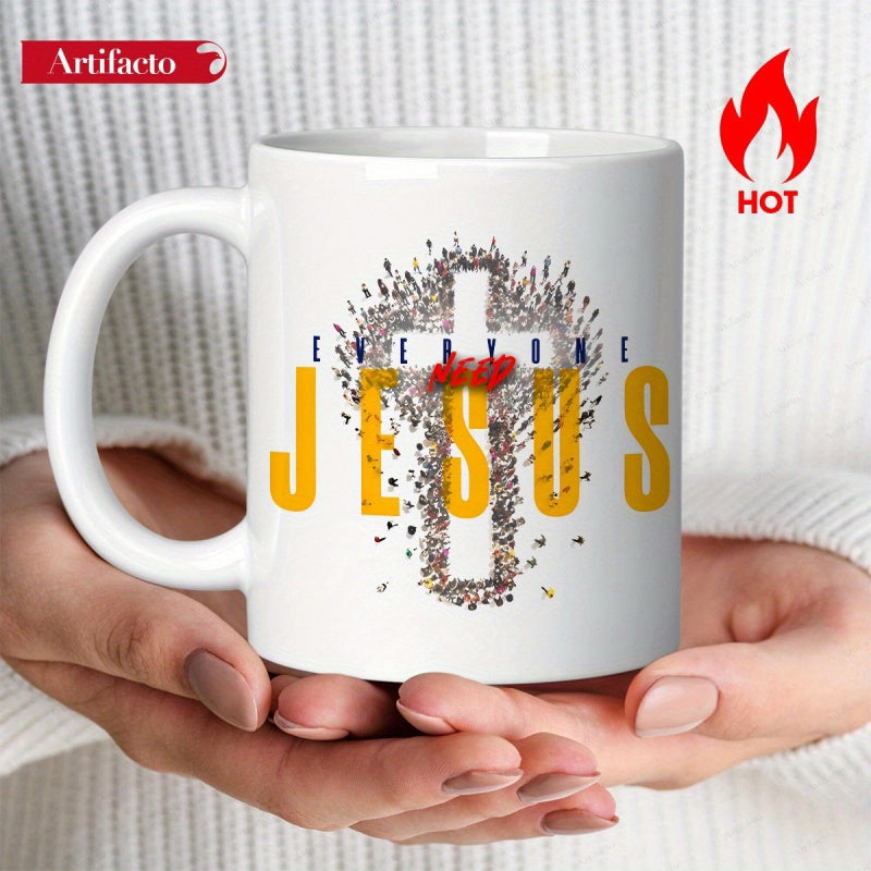 Tailorly White Ceramic 11 oz Mug - Everyone Needs Jesus Sacred Christian Symbol Composed Of Tiny Silhouettes Under Warm Golden Tones Cross