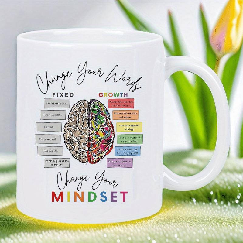 Tailorly White Ceramic 11 oz Mug - Change Your Words Change Your Mindset Artistic Human Brain Featuring Vibrant Flowers And Logical Patterns Brain