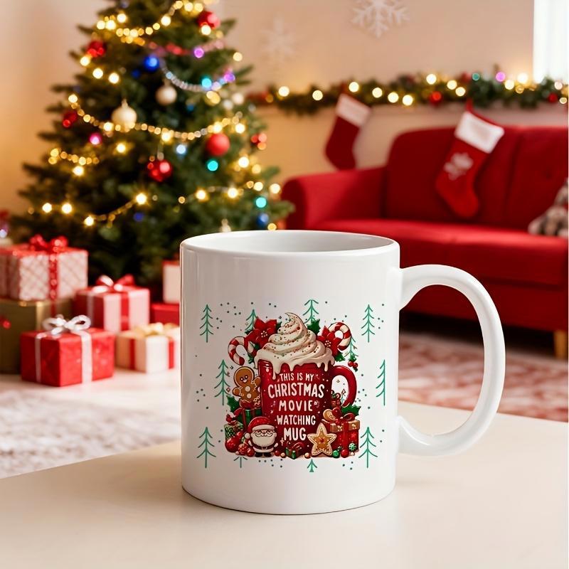 Tailorly White Ceramic 11 oz Mug - This Is My Christmas Movie Watching Festive Holiday Elements Featuring Santa Gingerbread Man And Whipped Cream Mug