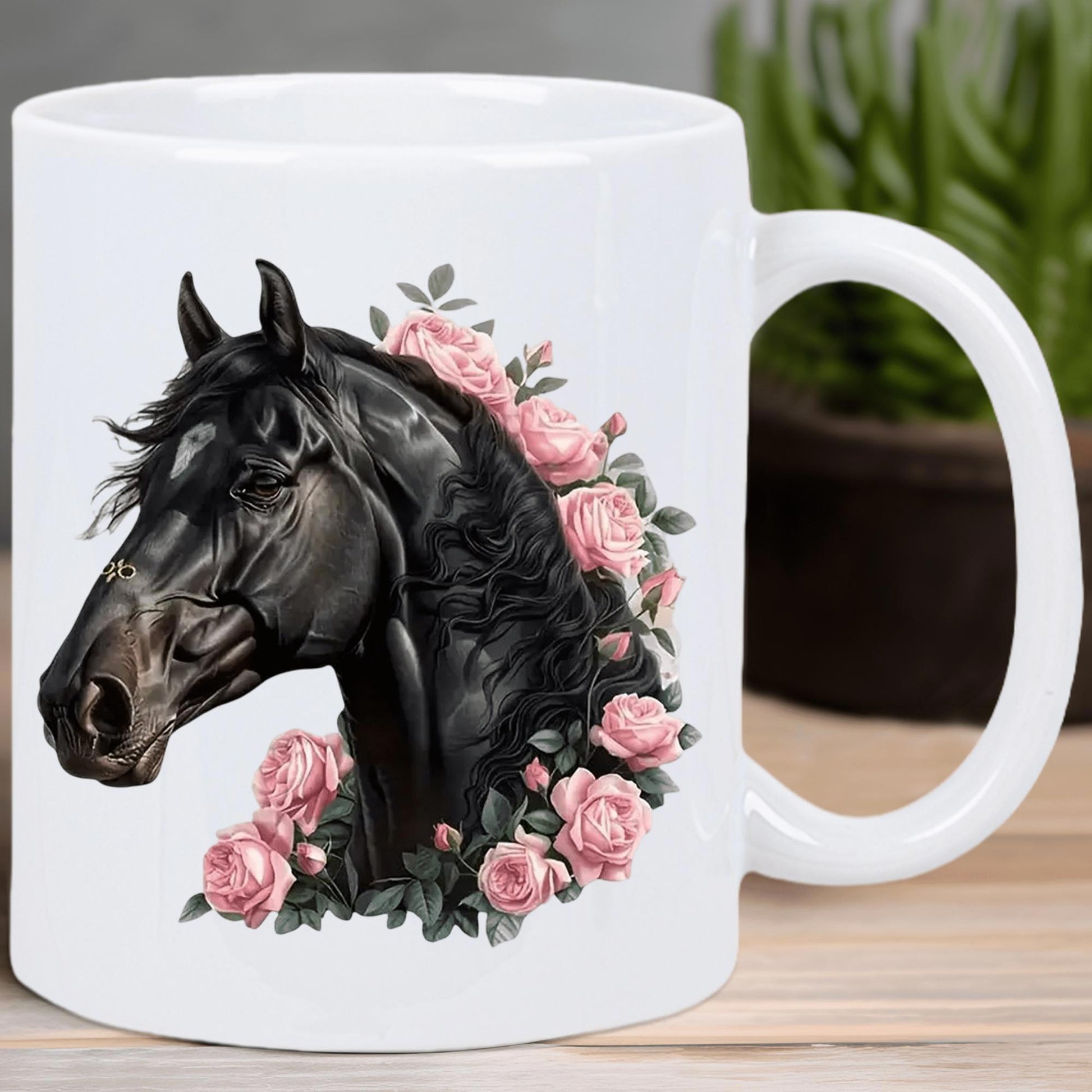 Tailorly White Ceramic 11 oz Mug - Majestic Black Stallion Portrait Surrounded By Delicate Blooming Pink Rose Horse