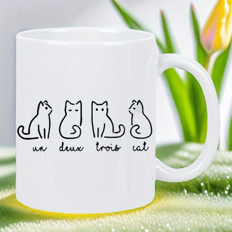 Tailorly White Ceramic 11 oz Mug - Cat Minimalist Black Line Drawing Of Four Sitting Kittens In A Row Cat