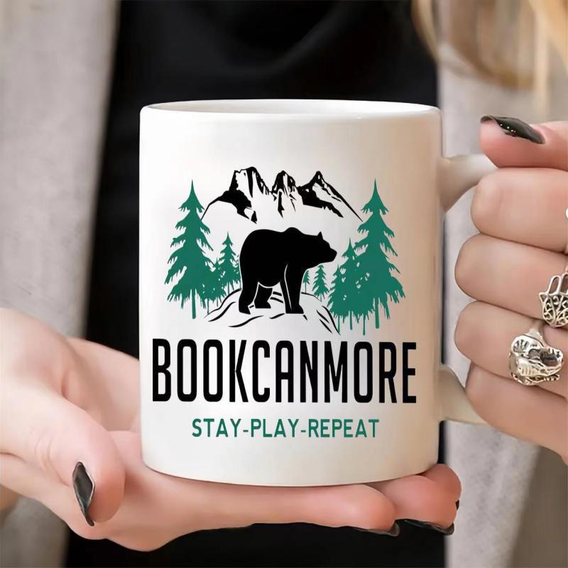 Tailorly White Ceramic 11 oz Mug - Bookcanmore Stay Play Repeat Black Silhouette Standing Among Green Pine Trees Under Rugged Mountain Peaks Bear