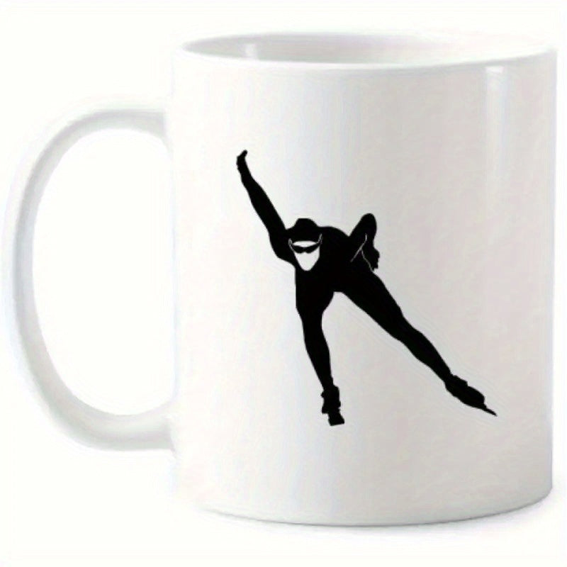 Tailorly White Ceramic 11 oz Mug - Dynamic Silhouette Of A Professional Athlete Racing On Ice In Motion Skater
