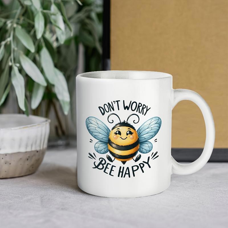 Tailorly White Ceramic 11 oz Mug - Don't Worry Bee Happy Cute Smiling Bumblebee With Blue Wings And Small Striped Round Body Bee