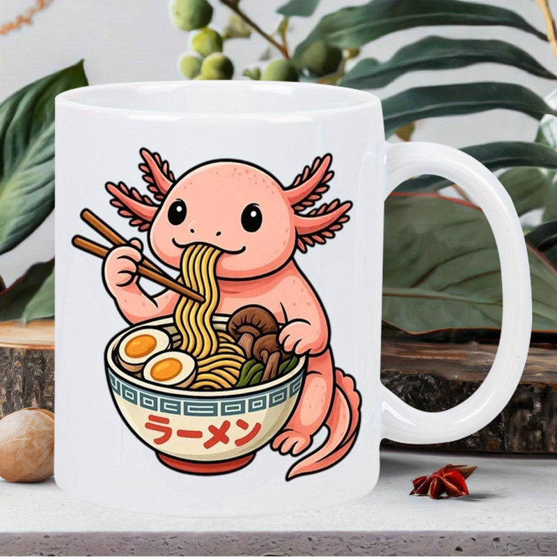 Tailorly White Ceramic 11 oz Mug - Cute Pink Axolotl Enjoying Delicious Ramen Bowl With Chopsticks And Eggs Axolotl