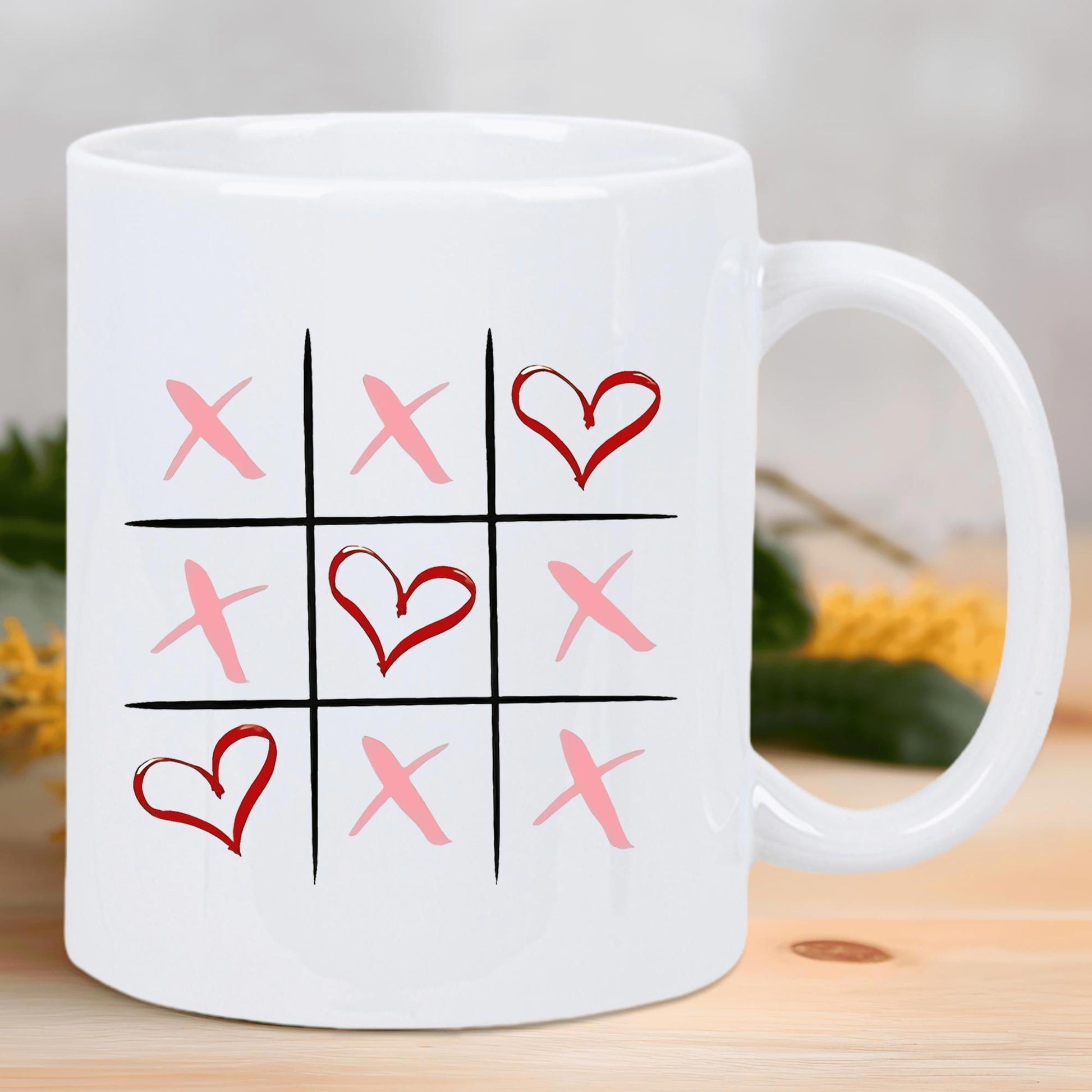Tailorly White Ceramic 11 oz Mug - Playful Hand Drawn Tic Tac Toe Grid With Pink Crosses And Red Heart