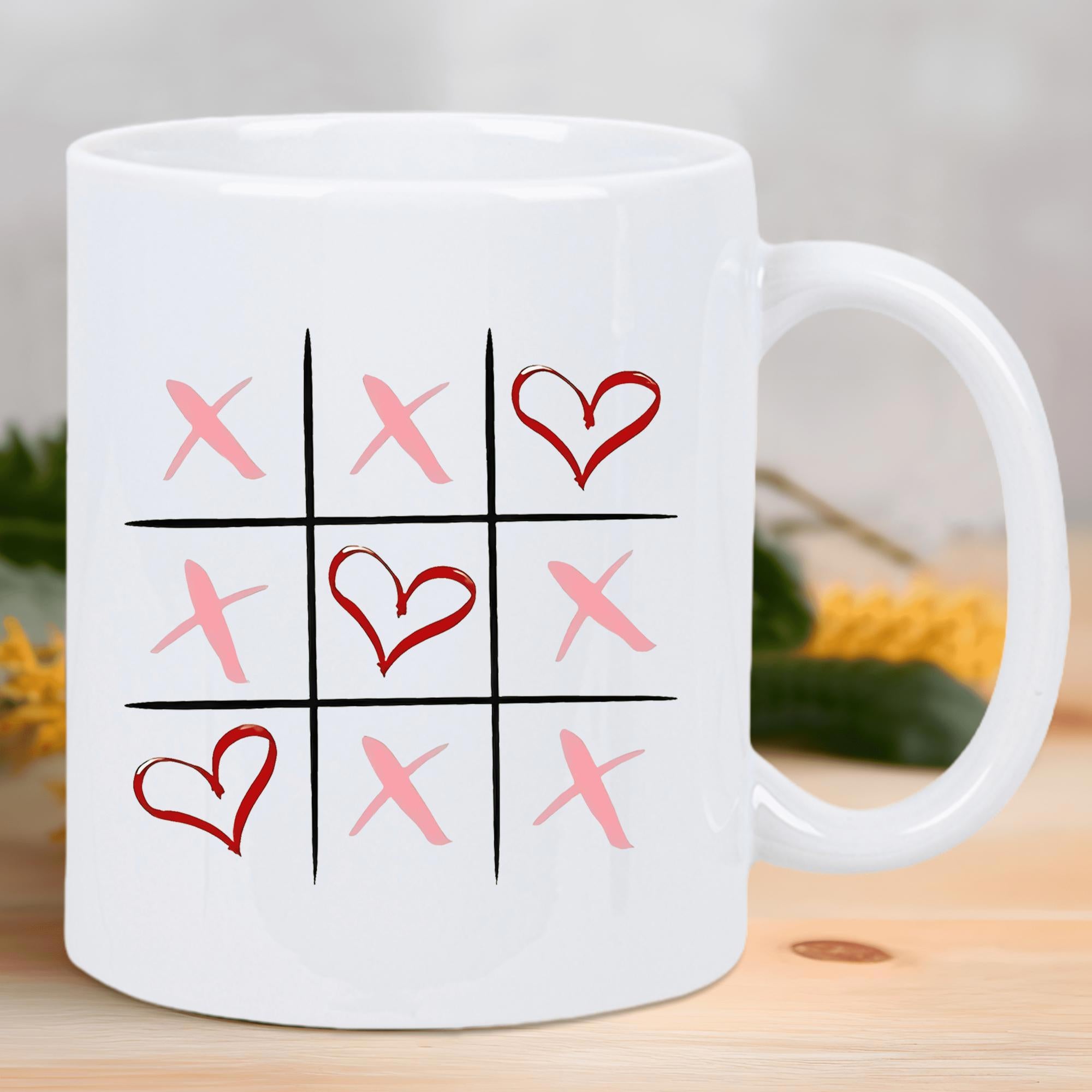 Tailorly White Ceramic 11 oz Mug - Playful Hand Drawn Tic Tac Toe Grid With Pink Crosses And Red Heart