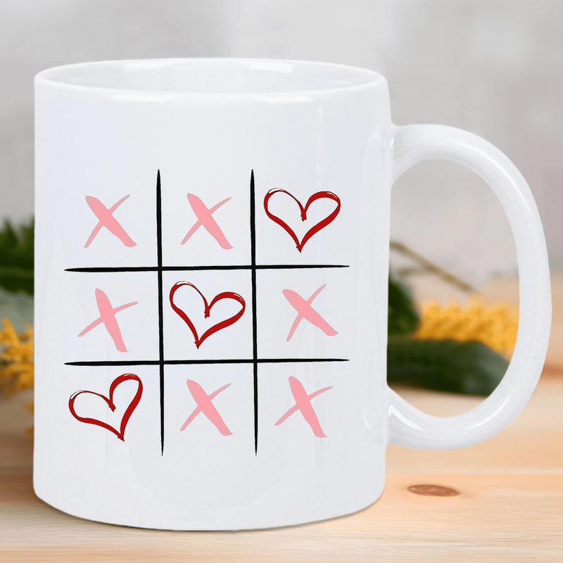 Tailorly White Ceramic 11 oz Mug - Playful Hand Drawn Tic Tac Toe Grid With Pink Crosses And Red Heart