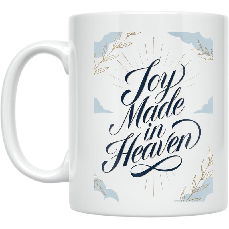 Tailorly White Ceramic 11 oz Mug - Joy Made In Heaven Elegant Floral Leaves With Soft Blue Accents And Radiant Sunburst Lines Decoration