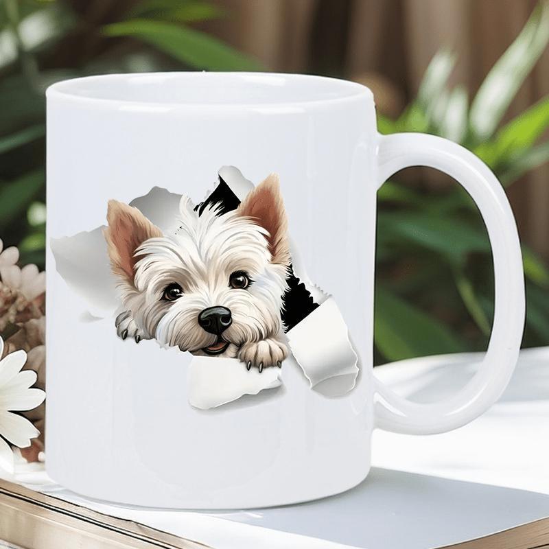 Tailorly White Ceramic 11 oz Mug - Realistic White Terrier Peeking Through A Ripped Paper Effect Hole With Paw Dog