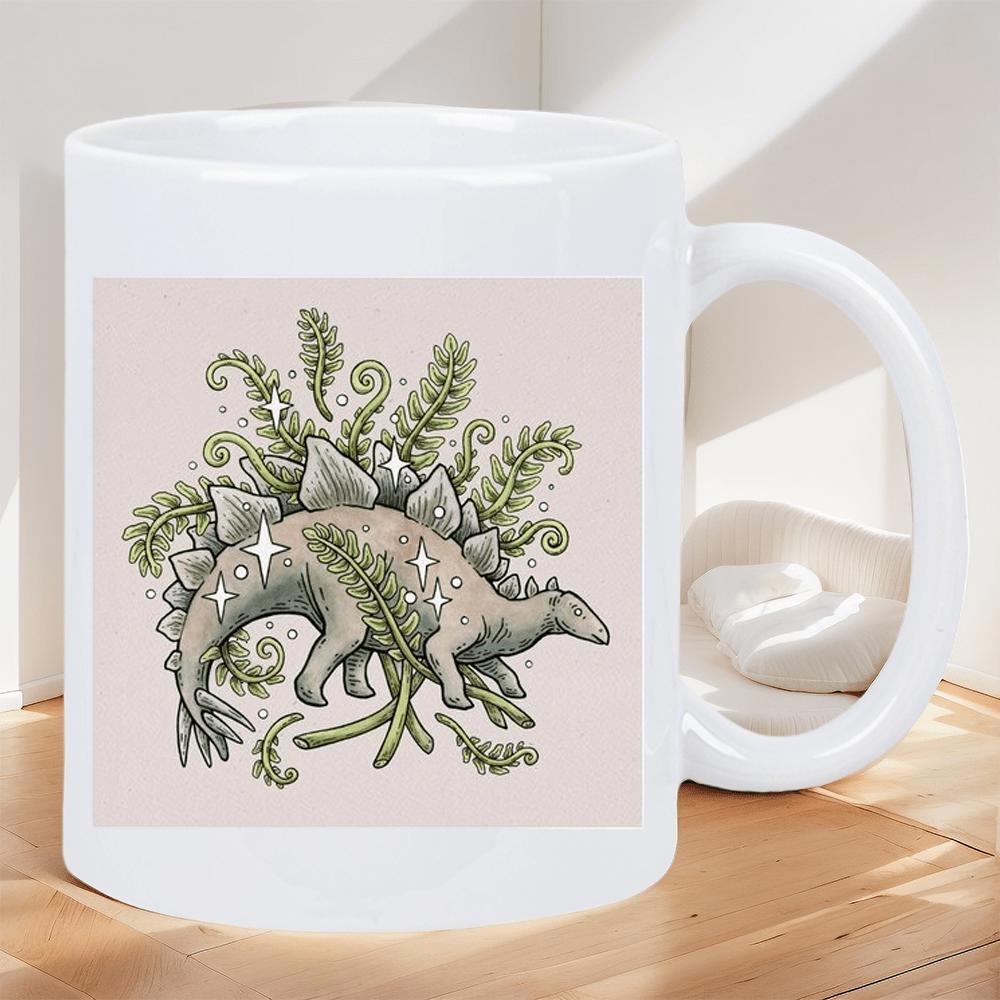 Tailorly White Ceramic 11 oz Mug - Ancient Wandering Through Lush Green Ferns Under Twinkling Magical Stars Stegosaurus