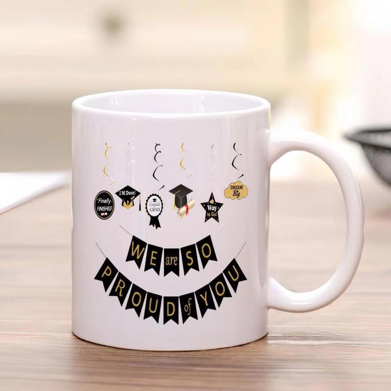 Tailorly White Ceramic 11 oz Mug - We Are So Proud Of You Festive Graduation Bunting With Floating Stars And Classic Academic Caps Mug