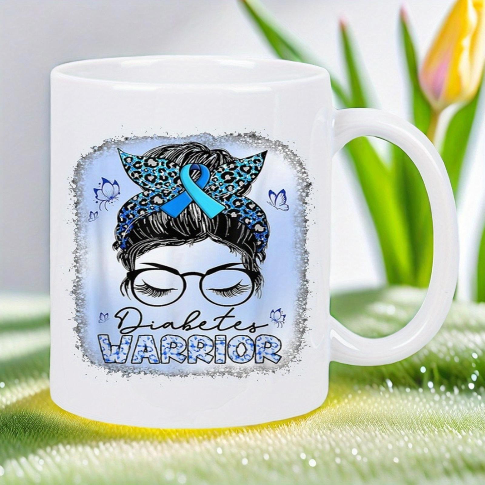 Tailorly White Ceramic 11 oz Mug - Diabetes Warrior Strong Woman With Messy Bun And Blue Awareness Ribbon Headband Mug