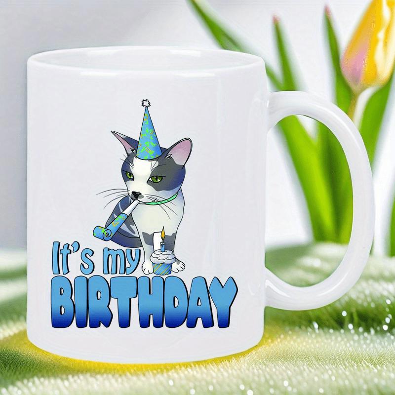 Tailorly White Ceramic 11 oz Mug - Its My Birthday Adorable Grey And White Feline Wearing Festive Blue Party Hat Cat
