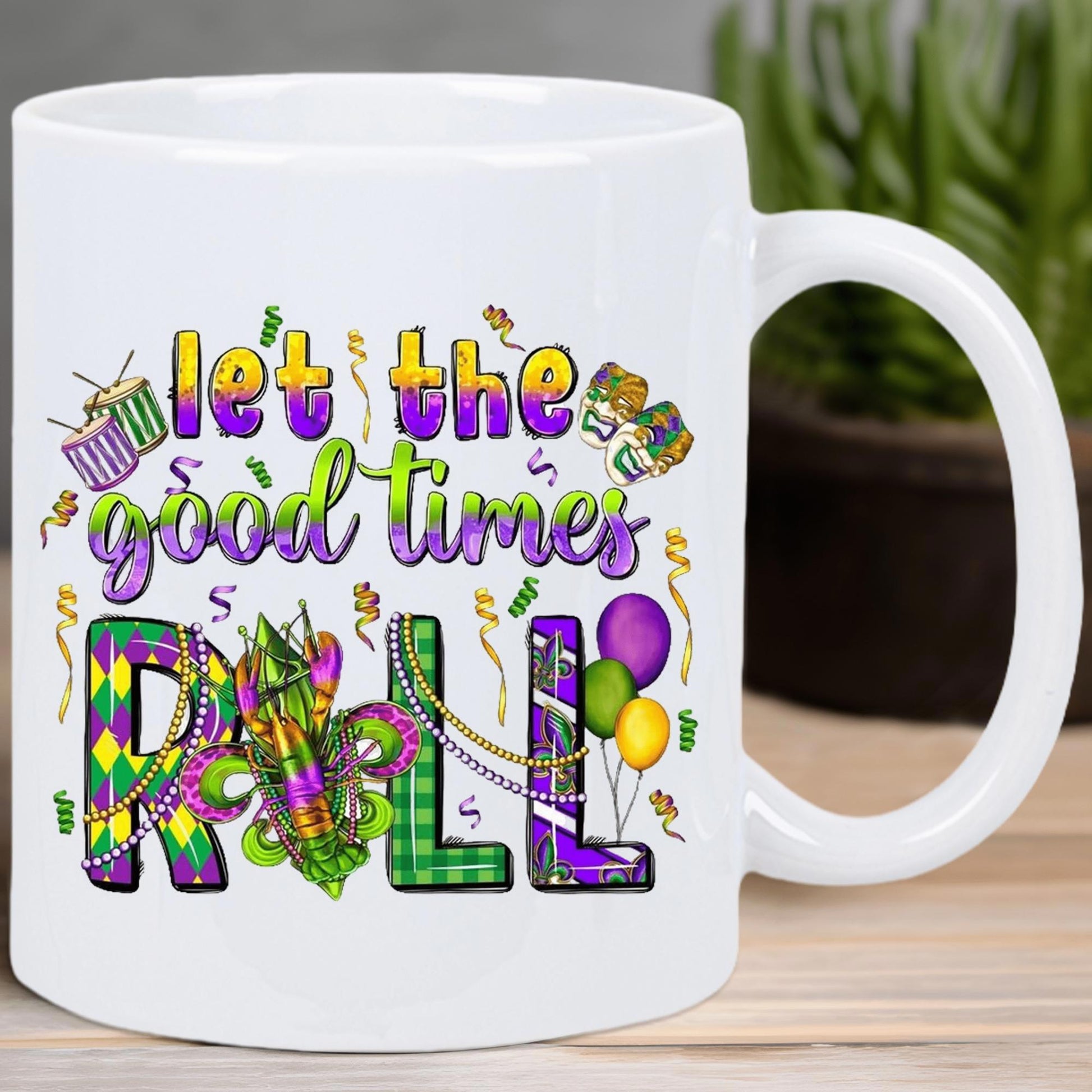 Tailorly White Ceramic 11 oz Mug - Let The Good Times Roll Festive Fleur De Lis With Colorful Balloons And Vibrant Mardi Gras Pattern Mug
