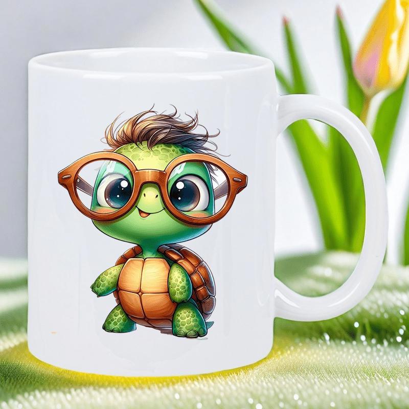 Tailorly White Ceramic 11 oz Mug - Adorable Small Green Baby Wearing Large Round Brown Eyeglasses Under Warm Sunlight Turtle