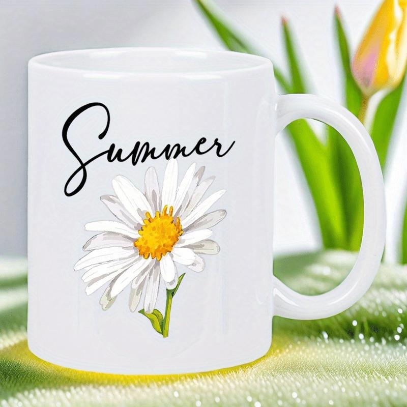Tailorly White Ceramic 11 oz Mug - Summer Blooming White Petals With Yellow Center Under Elegant Script Text Daisy