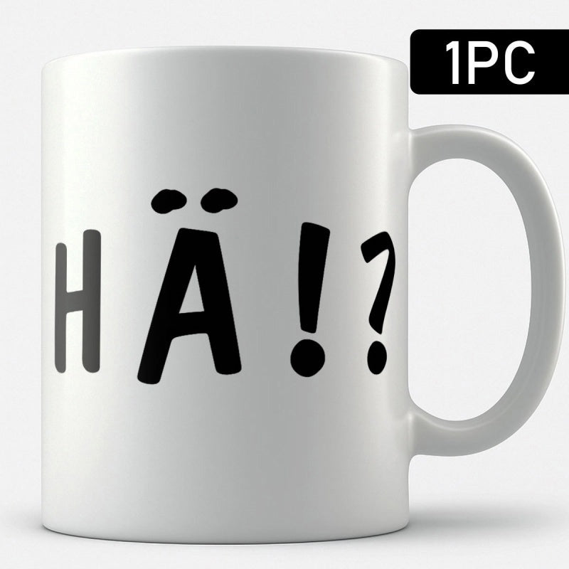 Tailorly White Ceramic 11 oz Mug - Ha Simple Bold Black Handwritten Letters With Playful Exclamation And Question Marks Mug