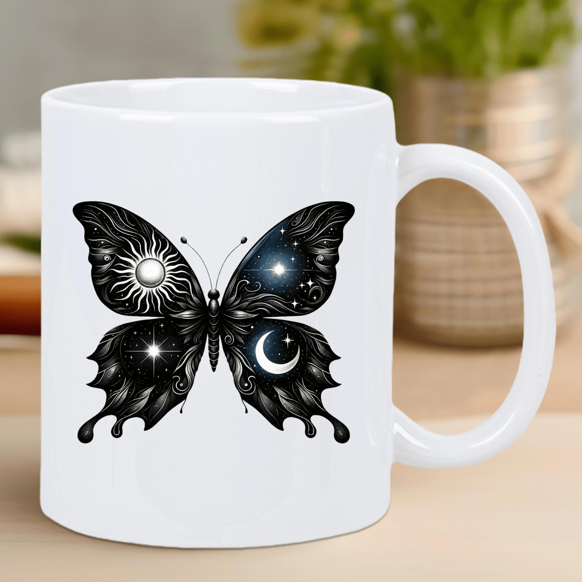 Tailorly White Ceramic 11 oz Mug - Elegant Celestial Wings Featuring Mystical Sun And Moon Night Sky Butterfly