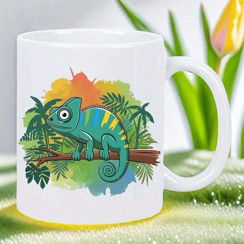 Tailorly White Ceramic 11 oz Mug - Colorful Watercolor Jungle Background With Tropical Leaves On Branch Chameleon