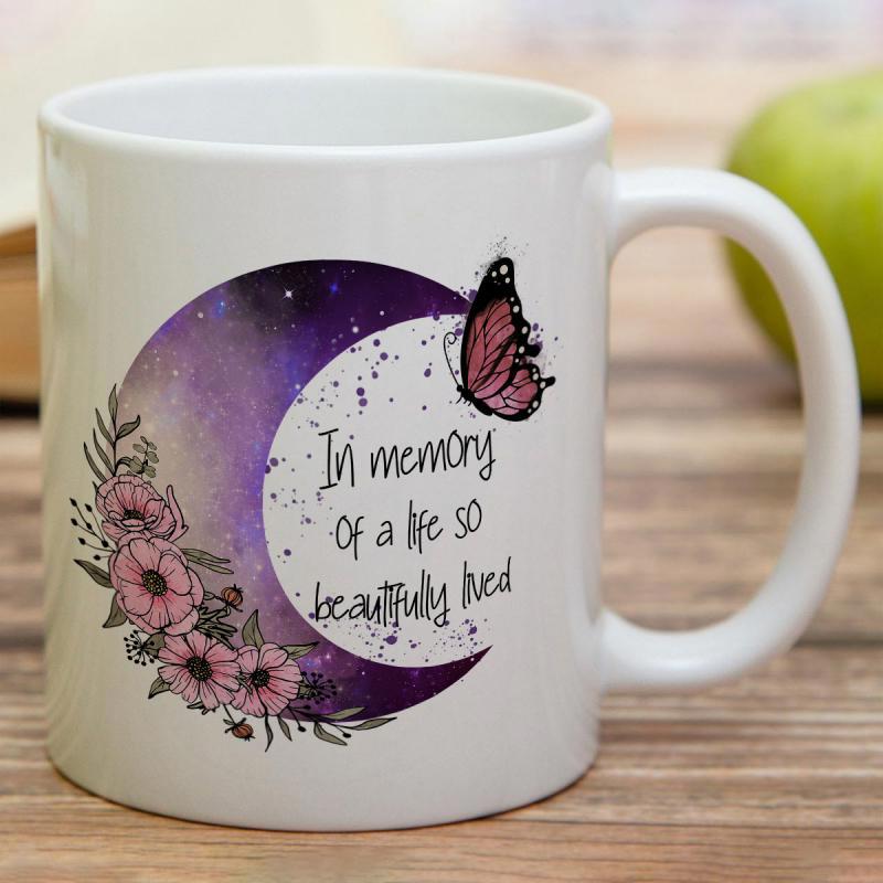 Tailorly White Ceramic 11 oz Mug - In Memory Of A Life So Beautifully Lived Purple Crescent Moon Decorated With Pink Blooming Flowers And Flying Butterfly Moon
