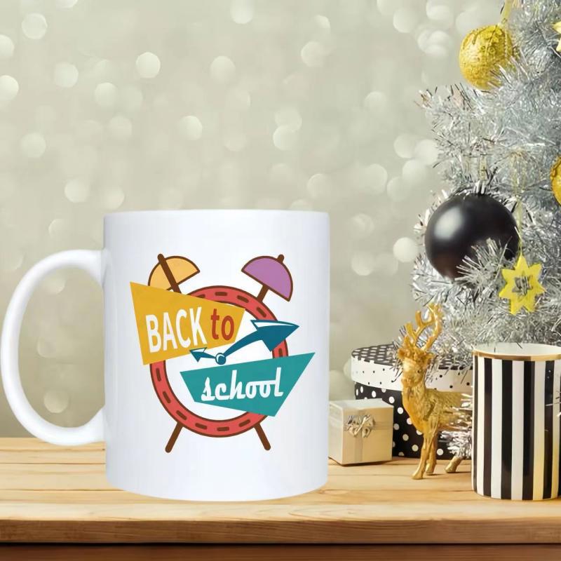 Tailorly White Ceramic 11 oz Mug - Back To School Vibrant Retro Geometric Style Featuring Colorful Shapes And Vintage Aesthetic Alarm Clock