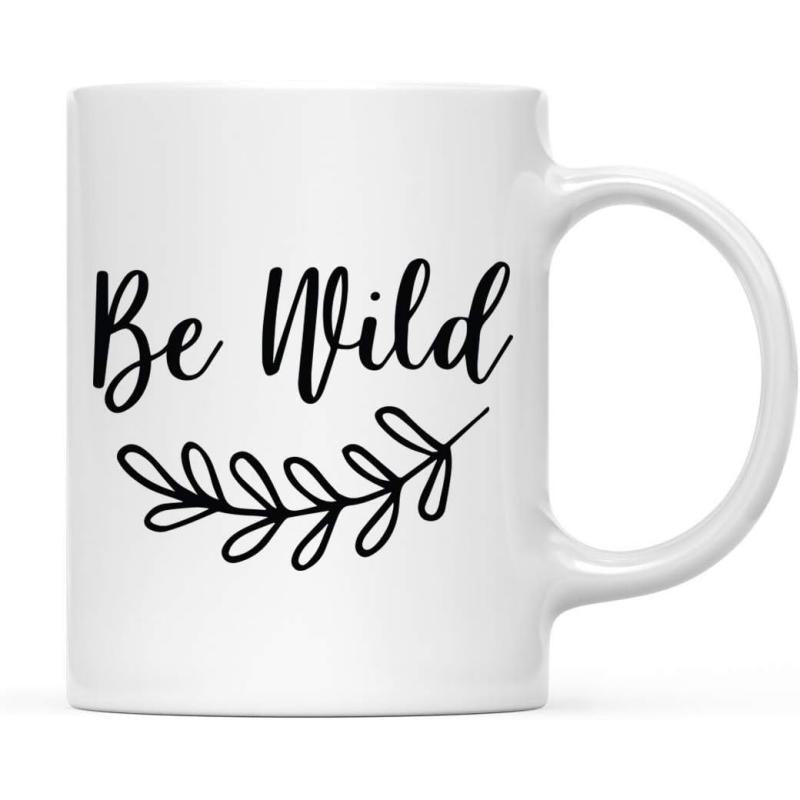 Tailorly White Ceramic 11 oz Mug - Be Wild Minimalist Hand Drawn Botanical Branch With Delicate Leaves Spreading Gracefully Across Leaf