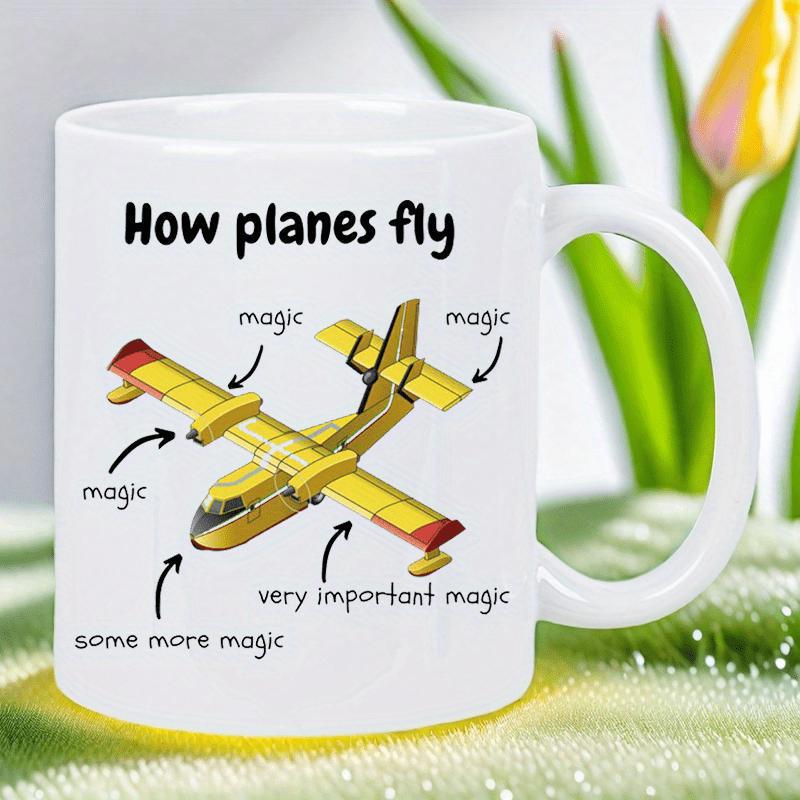 Tailorly White Ceramic 11 oz Mug - How Planes Fly Yellow Isometric Propeller Aircraft Floating Among Hand Drawn Magic Labels Airplane