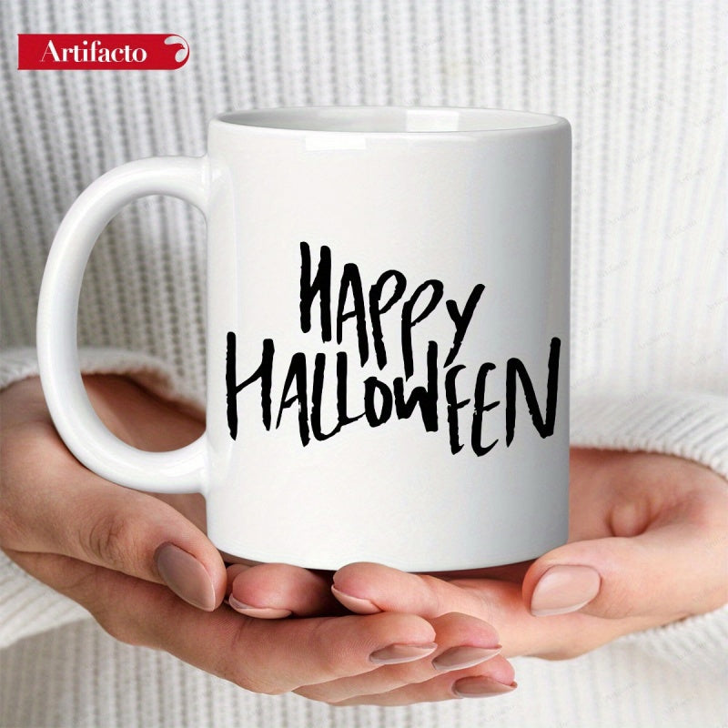 Tailorly White Ceramic 11 oz Mug - Happy Halloween Minimalist With Bold Black Handwritten Brush Lettering Mug