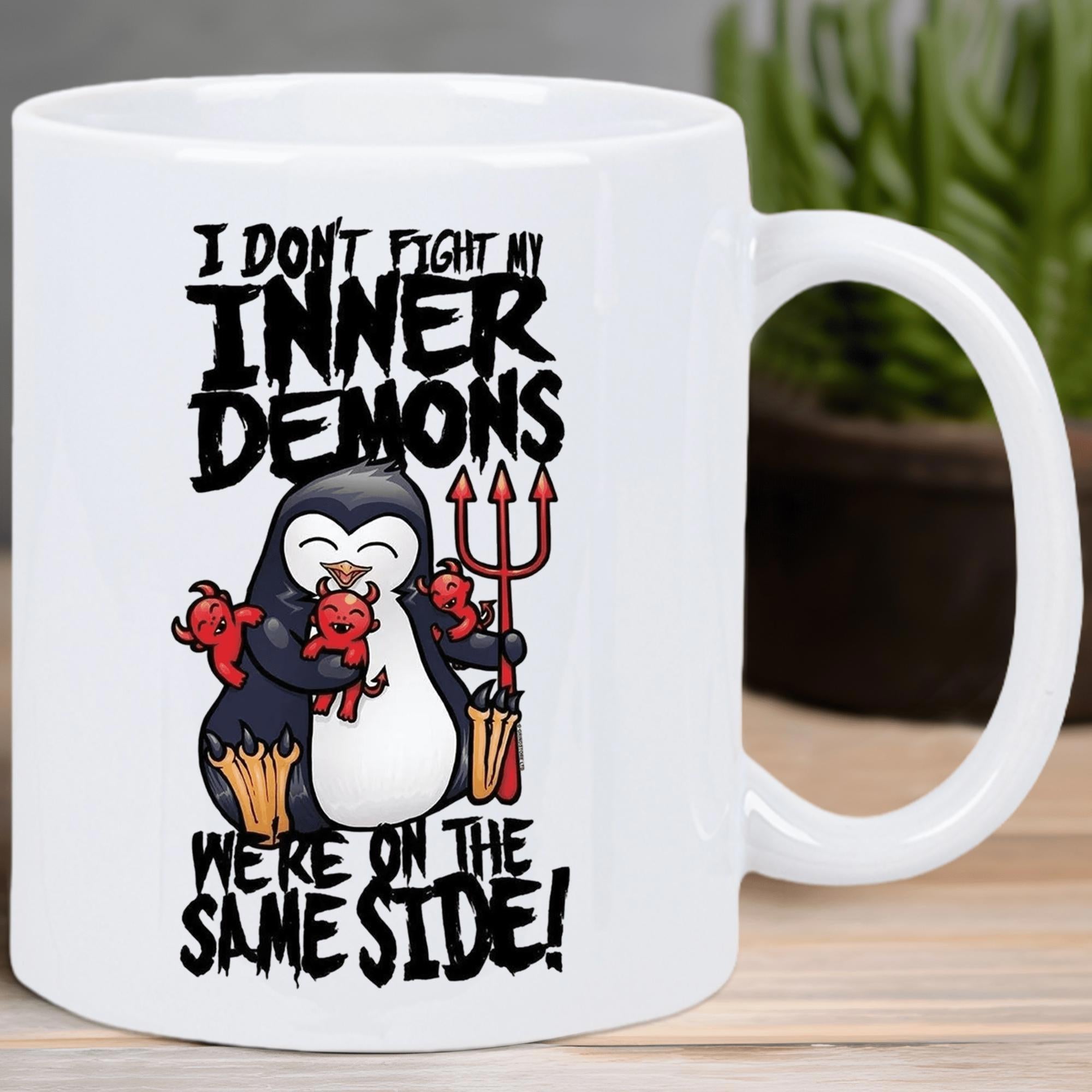 Tailorly White Ceramic 11 oz Mug - I Dont Fight My Inner Demons Were On The Same Side Cute Cartoon Penguin Holding Red Pitchfork With Tiny Devils Penguin
