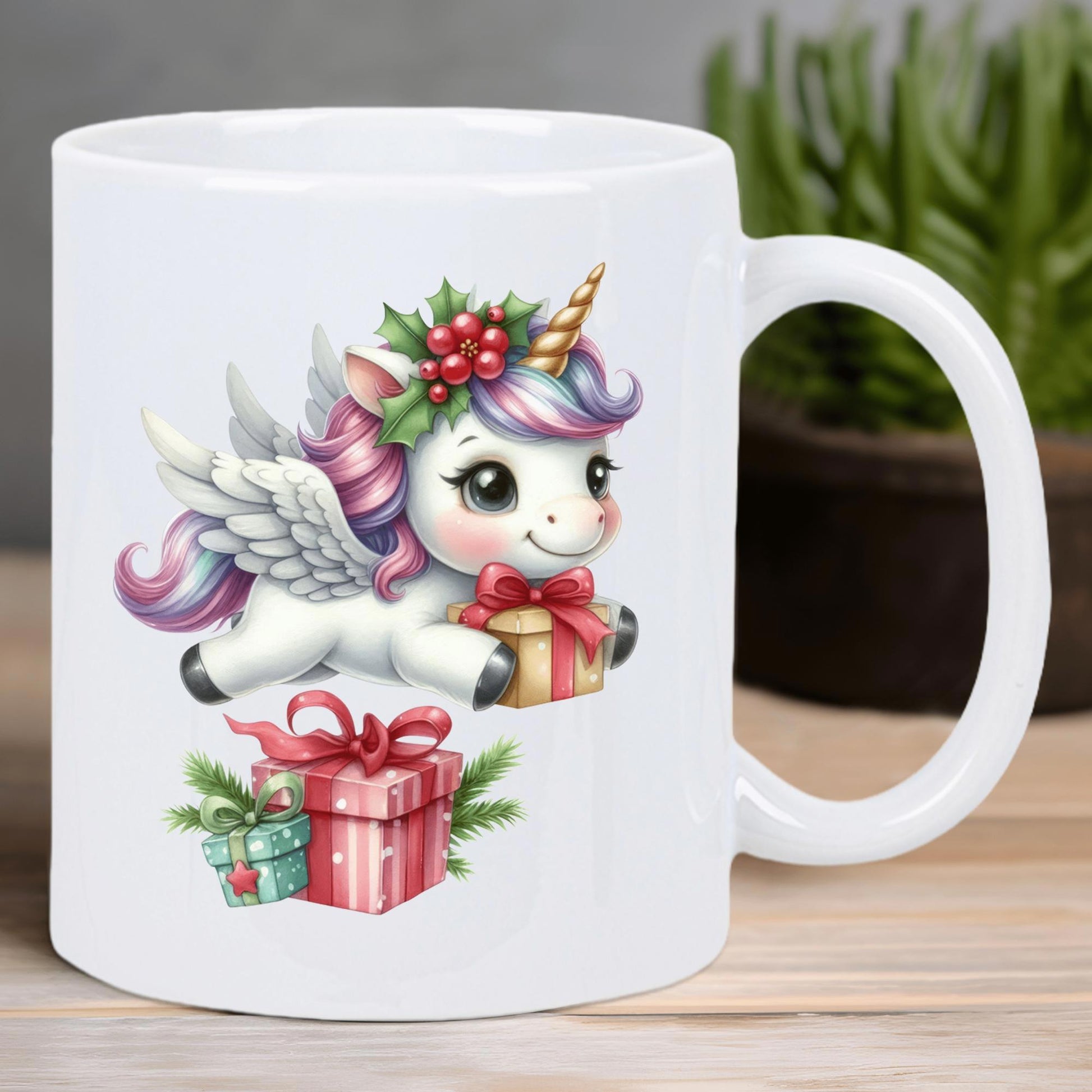 Tailorly White Ceramic 11 oz Mug - Adorable Magical Winged Creature With Festive Holiday Presents And Winter Holly Unicorn