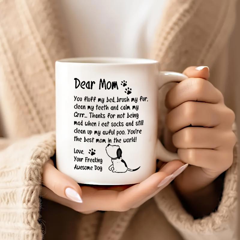 Tailorly White Ceramic 11 oz Mug - Dear Mom Love Your Freaking Awesome Dog Minimalist Black Line Art Puppy Dog With Small Paw Prints Mug