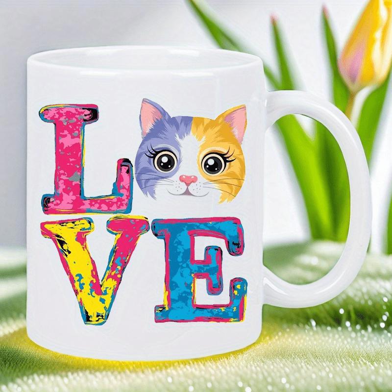 Tailorly White Ceramic 11 oz Mug - Love Vibrant Colorful Artistic Letters Featuring A Cute Whimsical Split Color Face Cat