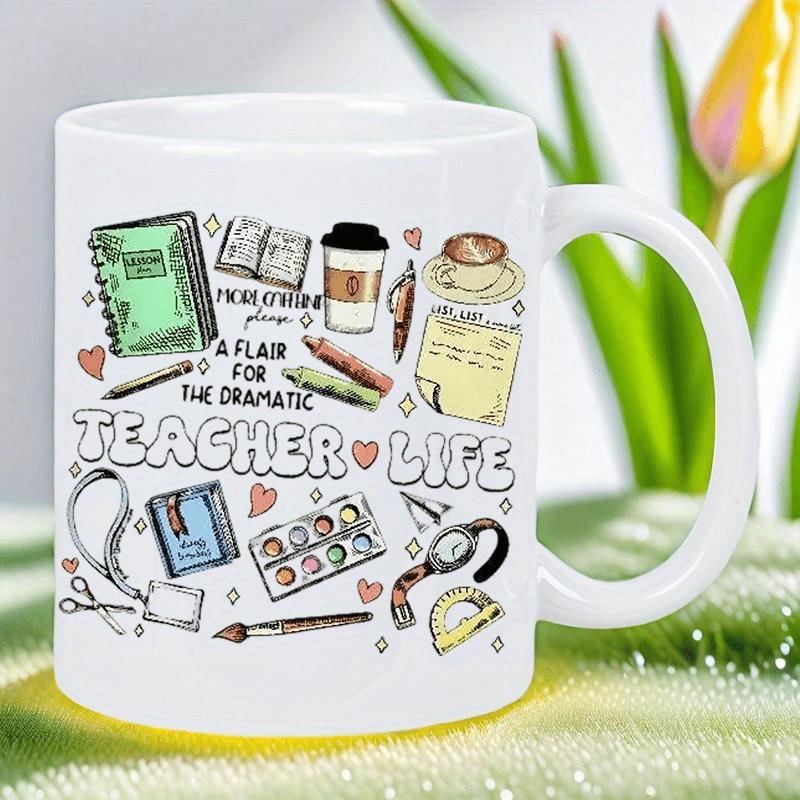 Tailorly White Ceramic 11 oz Mug - Teacher Life Illustrated Education Supplies Featuring Books Pens And Coffee Among Small Hearts Mug