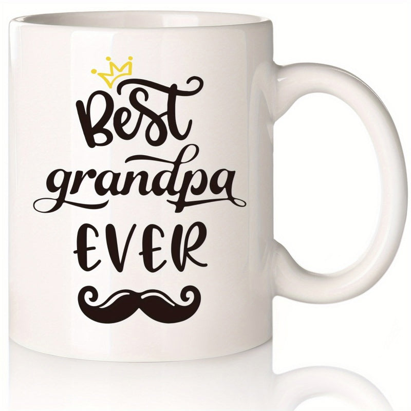 Tailorly White Ceramic 11 oz Mug - Best Grandpa Ever Elegant Handwritten Script Featuring Small Golden Crown Above A Stylish Black Moustache Mug
